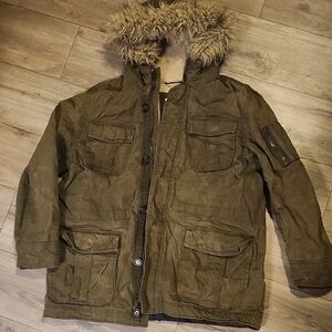 American Eagle Outfitters Olive Green Military Field Parka with Faux Fur Hood